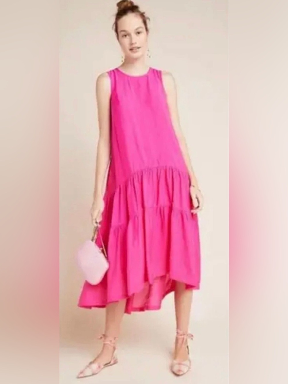 Maeve Anthropologie Marlene Tiered flowy Midi Dress in Pink, Size S